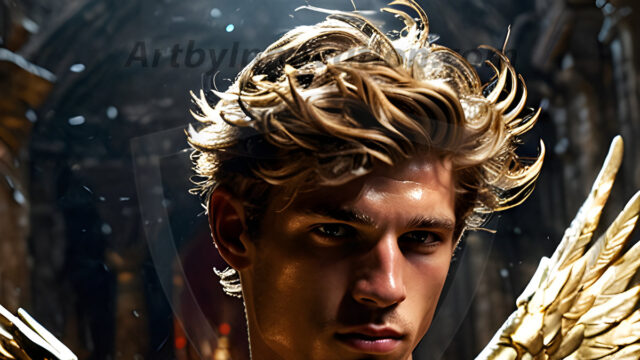 A photograph of a handsome golden male angel. With huge vibrate golden feathered wings, with golden radiant light rays, golden halo lighting, reflecting light in a mesmerizing way. He is stunningly handsome, beautiful, amidst a background of a chaos and destruction.