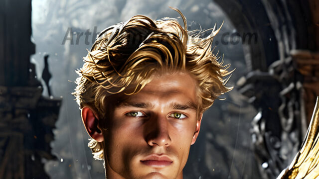 A photograph of a handsome golden male angel. With huge vibrate golden feathered wings, with golden radiant light rays, golden halo lighting, reflecting light in a mesmerizing way. He is stunningly handsome, beautiful, amidst a background of a chaos and destruction.