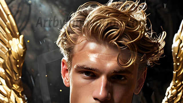 A photograph of a handsome golden male angel. With huge vibrate golden feathered wings, with golden radiant light rays, golden halo lighting, reflecting light in a mesmerizing way. He is stunningly handsome, beautiful, amidst a background of a chaos and destruction.