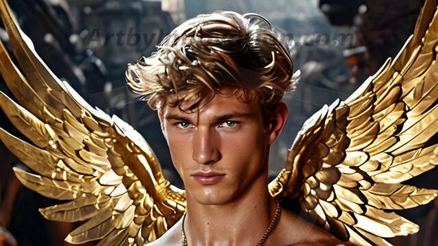 A photograph of a handsome golden male angel. With huge vibrate golden feathered wings, with golden radiant light rays, golden halo lighting, reflecting light in a mesmerizing way. He is stunningly handsome, beautiful, amidst a background of a chaos and destruction.