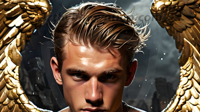 A photograph of a handsome golden male angel. With huge vibrate golden feathered wings, with golden radiant light rays, golden halo lighting, reflecting light in a mesmerizing way. He is stunningly handsome, beautiful, amidst a background of a chaos and destruction.