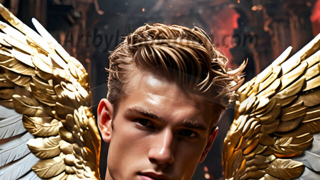 A photograph of a handsome golden male angel. With huge vibrate golden feathered wings, with golden radiant light rays, golden halo lighting, reflecting light in a mesmerizing way. He is stunningly handsome, beautiful, amidst a background of a chaos and destruction.