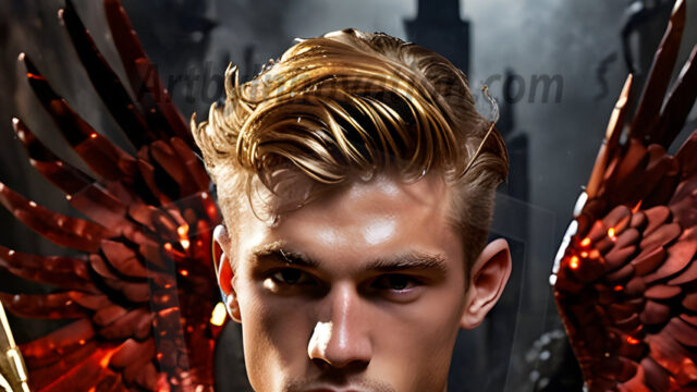 A photograph of a handsome golden male angel. With huge vibrate golden feathered wings, with golden radiant light rays, golden halo lighting, reflecting light in a mesmerizing way. He is stunningly handsome, beautiful, amidst a background of a chaos and destruction.