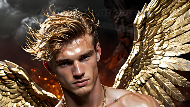 A photograph of a handsome golden male angel. With huge vibrate golden feathered wings, with golden radiant light rays, golden halo lighting, reflecting light in a mesmerizing way. He is stunningly handsome, beautiful, amidst a background of a chaos and destruction.