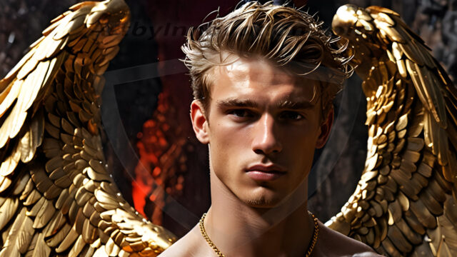 A photograph of a handsome golden male angel. With huge vibrate golden feathered wings, with golden radiant light rays, golden halo lighting, reflecting light in a mesmerizing way. He is stunningly handsome, beautiful, amidst a background of a chaos and destruction.