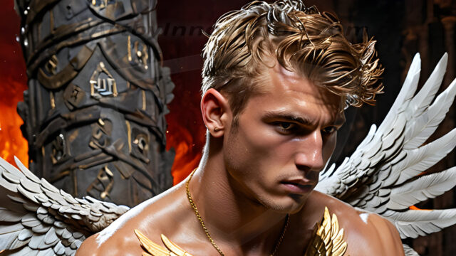 A photograph of a handsome golden male angel. With huge vibrate golden feathered wings, with golden radiant light rays, golden halo lighting, reflecting light in a mesmerizing way. He is stunningly handsome, beautiful, amidst a background of a chaos and destruction.