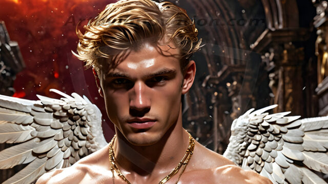 A photograph of a handsome golden male angel. With huge vibrate golden feathered wings, with golden radiant light rays, golden halo lighting, reflecting light in a mesmerizing way. He is stunningly handsome, beautiful, amidst a background of a chaos and destruction.