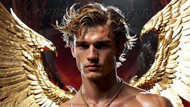 A photograph of a handsome golden male angel. With huge vibrate golden feathered wings, with golden radiant light rays, golden halo lighting, reflecting light in a mesmerizing way. He is stunningly handsome, beautiful, amidst a background of a chaos and destruction.