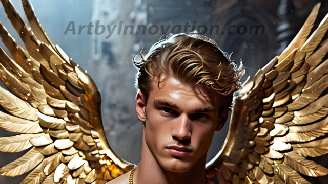 A photograph of a handsome golden male angel. With huge vibrate golden feathered wings, with golden radiant light rays, golden halo lighting, reflecting light in a mesmerizing way. He is stunningly handsome, beautiful, amidst a background of a chaos and destruction.