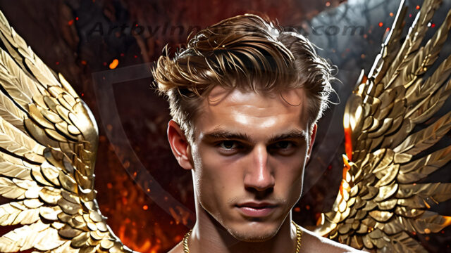 A photograph of a handsome golden male angel. With huge vibrate golden feathered wings, with golden radiant light rays, golden halo lighting, reflecting light in a mesmerizing way. He is stunningly handsome, beautiful, amidst a background of a chaos and destruction.