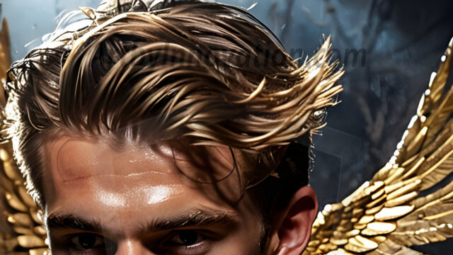 A photograph of a handsome golden male angel. With huge vibrate golden feathered wings, with golden radiant light rays, golden halo lighting, reflecting light in a mesmerizing way. He is stunningly handsome, beautiful, amidst a background of a chaos and destruction.