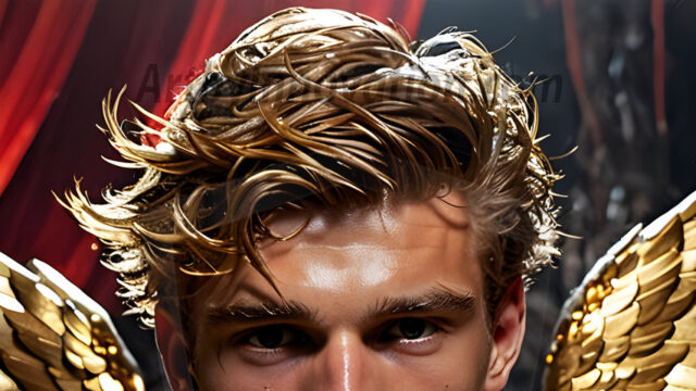 A photograph of a handsome golden male angel. With huge vibrate golden feathered wings, with golden radiant light rays, golden halo lighting, reflecting light in a mesmerizing way. He is stunningly handsome, beautiful, amidst a background of a chaos and destruction.