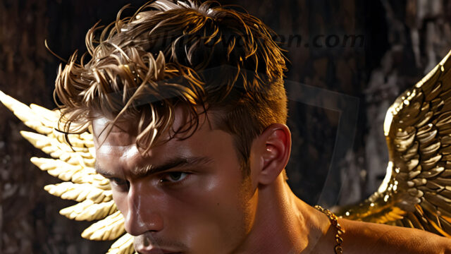 A photograph of a handsome golden male angel. With huge vibrate golden feathered wings, with golden radiant light rays, golden halo lighting, reflecting light in a mesmerizing way. He is stunningly handsome, beautiful, amidst a background of a chaos and destruction.