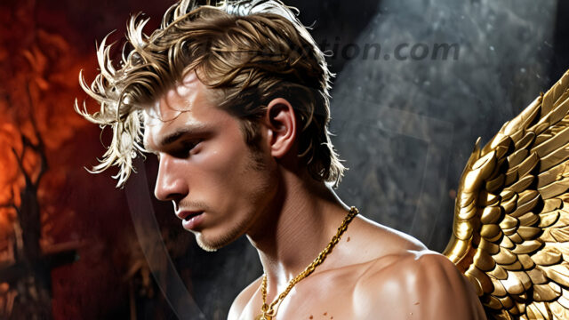 A photograph of a handsome golden male angel. With huge vibrate golden feathered wings, with golden radiant light rays, golden halo lighting, reflecting light in a mesmerizing way. He is stunningly handsome, beautiful, amidst a background of a chaos and destruction.