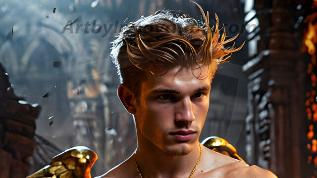 A photograph of a handsome golden male angel. With huge vibrate golden feathered wings, with golden radiant light rays, golden halo lighting, reflecting light in a mesmerizing way. He is stunningly handsome, beautiful, amidst a background of a chaos and destruction.
