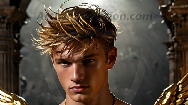 A photograph of a handsome golden male angel. With huge vibrate golden feathered wings, with golden radiant light rays, golden halo lighting, reflecting light in a mesmerizing way. He is stunningly handsome, beautiful, amidst a background of a chaos and destruction.