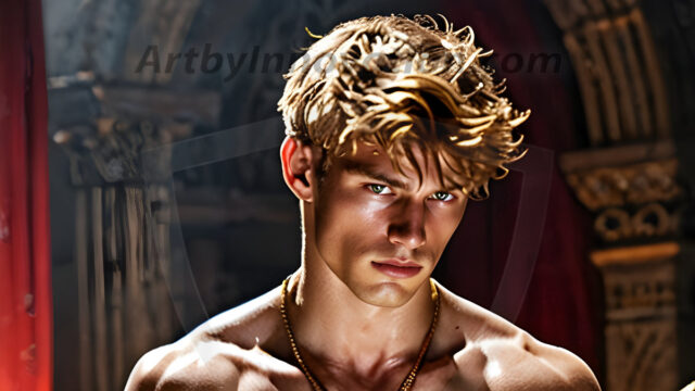 A photograph of a handsome golden male angel. With huge vibrate golden feathered wings, with golden radiant light rays, golden halo lighting, reflecting light in a mesmerizing way. He is stunningly handsome, beautiful, amidst a background of a chaos and destruction.