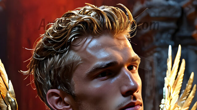 A photograph of a handsome golden male angel. With huge vibrate golden feathered wings, with golden radiant light rays, golden halo lighting, reflecting light in a mesmerizing way. He is stunningly handsome, beautiful, amidst a background of a chaos and destruction.