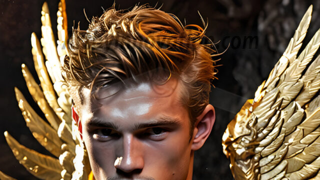 A photograph of a handsome golden male angel. With huge vibrate golden feathered wings, with golden radiant light rays, golden halo lighting, reflecting light in a mesmerizing way. He is stunningly handsome, beautiful, amidst a background of a chaos and destruction.