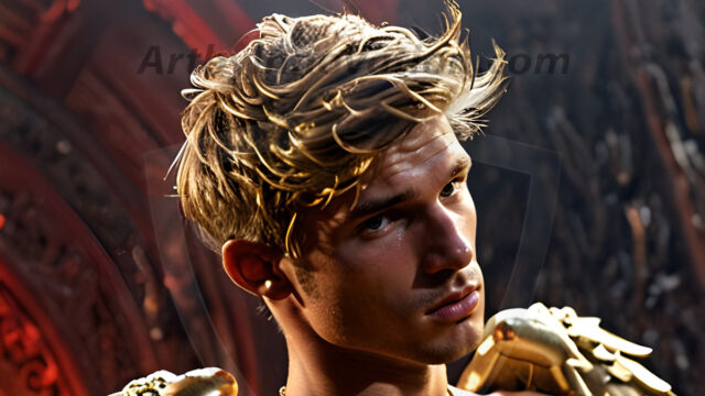 A photograph of a handsome golden male angel. With huge vibrate golden feathered wings, with golden radiant light rays, golden halo lighting, reflecting light in a mesmerizing way. He is stunningly handsome, beautiful, amidst a background of a chaos and destruction.