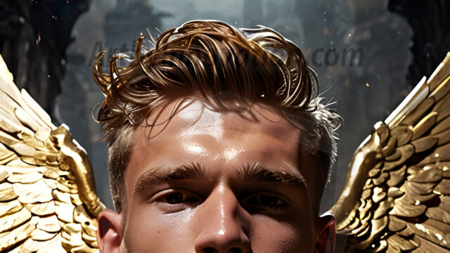 A photograph of a handsome golden male angel. With huge vibrate golden feathered wings, with golden radiant light rays, golden halo lighting, reflecting light in a mesmerizing way. He is stunningly handsome, beautiful, amidst a background of a chaos and destruction.