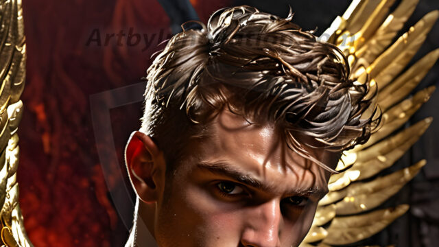 A photograph of a handsome golden male angel. With huge vibrate golden feathered wings, with golden radiant light rays, golden halo lighting, reflecting light in a mesmerizing way. He is stunningly handsome, beautiful, amidst a background of a chaos and destruction.