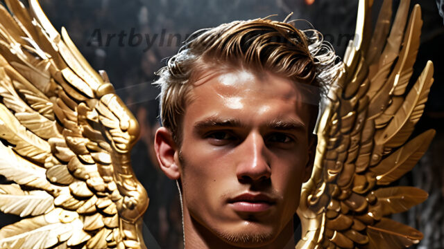 A photograph of a handsome golden male angel. With huge vibrate golden feathered wings, with golden radiant light rays, golden halo lighting, reflecting light in a mesmerizing way. He is stunningly handsome, beautiful, amidst a background of a chaos and destruction.