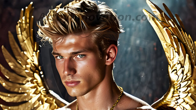 A photograph of a handsome golden male angel. With huge vibrate golden feathered wings, with golden radiant light rays, golden halo lighting, reflecting light in a mesmerizing way. He is stunningly handsome, beautiful, amidst a background of a chaos and destruction.