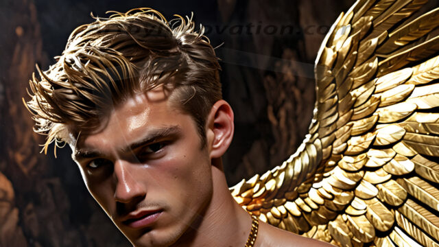 A photograph of a handsome golden male angel. With huge vibrate golden feathered wings, with golden radiant light rays, golden halo lighting, reflecting light in a mesmerizing way. He is stunningly handsome, beautiful, amidst a background of a chaos and destruction.