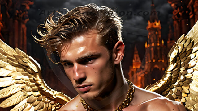 A photograph of a handsome golden male angel. With huge vibrate golden feathered wings, with golden radiant light rays, golden halo lighting, reflecting light in a mesmerizing way. He is stunningly handsome, beautiful, amidst a background of a chaos and destruction.