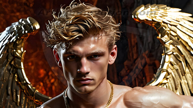 A photograph of a handsome golden male angel. With huge vibrate golden feathered wings, with golden radiant light rays, golden halo lighting, reflecting light in a mesmerizing way. He is stunningly handsome, beautiful, amidst a background of a chaos and destruction.