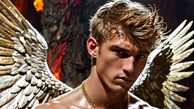 A photograph of a handsome golden male angel. With huge vibrate golden feathered wings, with golden radiant light rays, golden halo lighting, reflecting light in a mesmerizing way. He is stunningly handsome, beautiful, amidst a background of a chaos and destruction.