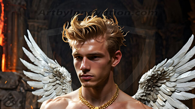 A photograph of a handsome golden male angel. With huge vibrate golden feathered wings, with golden radiant light rays, golden halo lighting, reflecting light in a mesmerizing way. He is stunningly handsome, beautiful, amidst a background of a chaos and destruction.