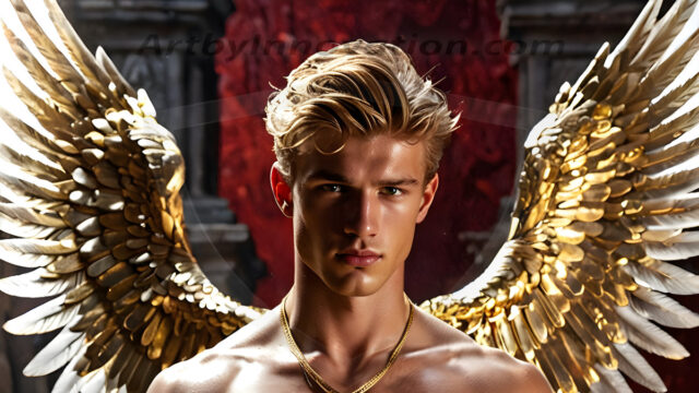 A photograph of a handsome golden male angel. With huge vibrate golden feathered wings, with golden radiant light rays, golden halo lighting, reflecting light in a mesmerizing way. He is stunningly handsome, beautiful, amidst a background of a chaos and destruction.