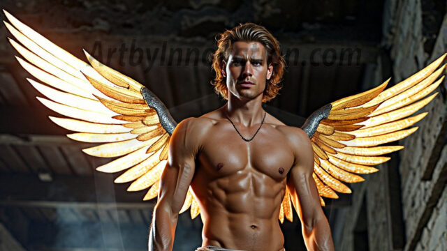 A photograph of a handsome golden male angel. With huge vibrate golden feathered wings, with golden radiant light rays, golden halo lighting, reflecting light in a mesmerizing way. He is stunningly handsome, beautiful, amidst a background of a chaos and destruction.