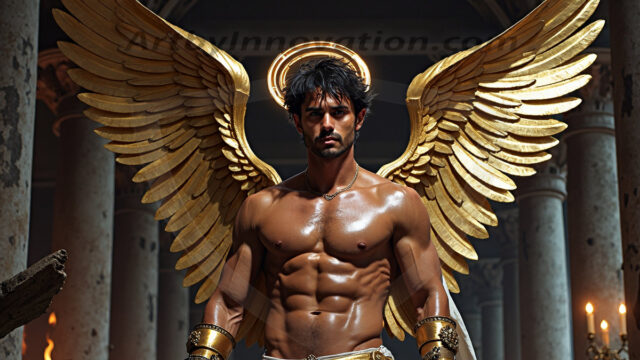 A photograph of a handsome golden male angel. With huge vibrate golden feathered wings, with golden radiant light rays, golden halo lighting, reflecting light in a mesmerizing way. He is stunningly handsome, beautiful, amidst a background of a chaos and destruction.