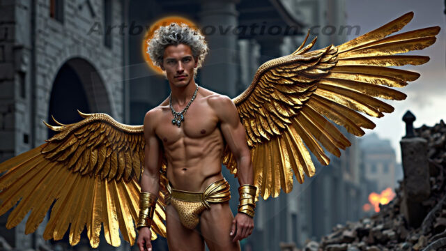 A photograph of a handsome golden male angel. With huge vibrate golden feathered wings, with golden radiant light rays, golden halo lighting, reflecting light in a mesmerizing way. He is stunningly handsome, beautiful, amidst a background of a chaos and destruction.