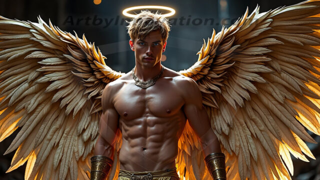 A photograph of a handsome golden male angel. With huge vibrate golden feathered wings, with golden radiant light rays, golden halo lighting, reflecting light in a mesmerizing way. He is stunningly handsome, beautiful, amidst a background of a chaos and destruction.