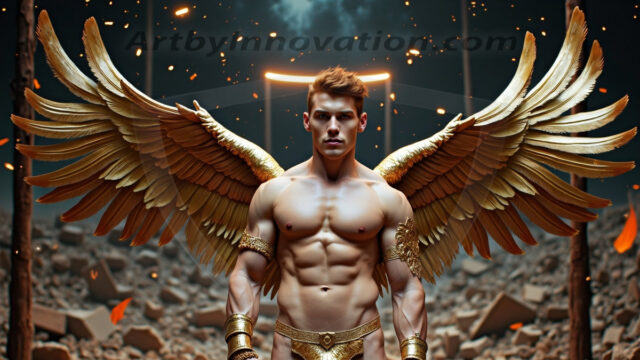A photograph of a handsome golden male angel. With huge vibrate golden feathered wings, with golden radiant light rays, golden halo lighting, reflecting light in a mesmerizing way. He is stunningly handsome, beautiful, amidst a background of a chaos and destruction.