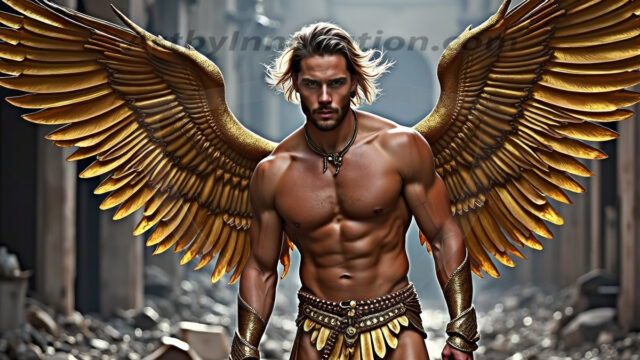 A photograph of a handsome golden male angel. With huge vibrate golden feathered wings, with golden radiant light rays, golden halo lighting, reflecting light in a mesmerizing way. He is stunningly handsome, beautiful, amidst a background of a chaos and destruction.