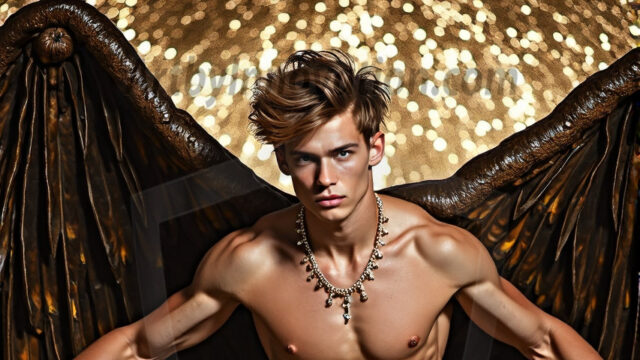 A photograph of a handsome golden male angel. With huge vibrate golden feathered wings, with golden radiant light rays, golden halo lighting, reflecting light in a mesmerizing way. He is stunningly handsome, beautiful, amidst a background of a chaos and destruction.