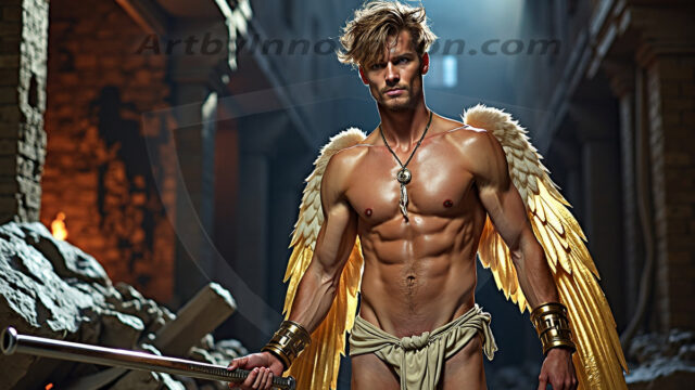 A photograph of a handsome golden male angel. With huge vibrate golden feathered wings, with golden radiant light rays, golden halo lighting, reflecting light in a mesmerizing way. He is stunningly handsome, beautiful, amidst a background of a chaos and destruction.