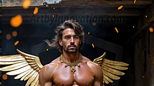 A photograph of a handsome golden male angel. With huge vibrate golden feathered wings, with golden radiant light rays, golden halo lighting, reflecting light in a mesmerizing way. He is stunningly handsome, beautiful, amidst a background of a chaos and destruction.