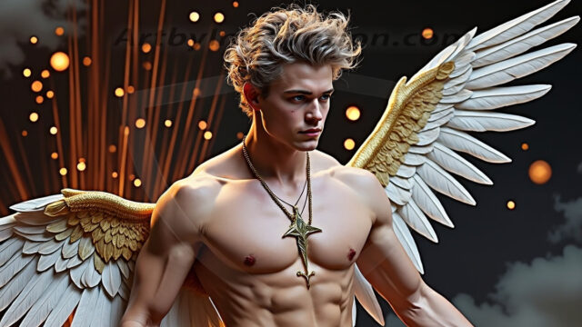 A photograph of a handsome golden male angel. With huge vibrate golden feathered wings, with golden radiant light rays, golden halo lighting, reflecting light in a mesmerizing way. He is stunningly handsome, beautiful, amidst a background of a chaos and destruction.