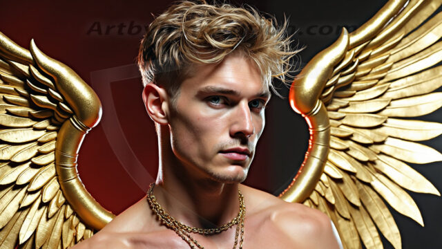 A photograph of a handsome golden male angel. With huge vibrate golden feathered wings, with golden radiant light rays, golden halo lighting, reflecting light in a mesmerizing way. He is stunningly handsome, beautiful, amidst a background of a chaos and destruction.