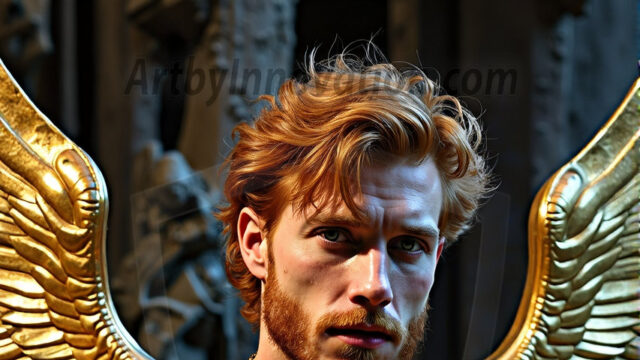 A photograph of a handsome golden male angel. With huge vibrate golden feathered wings, with golden radiant light rays, golden halo lighting, reflecting light in a mesmerizing way. He is stunningly handsome, beautiful, amidst a background of a chaos and destruction.