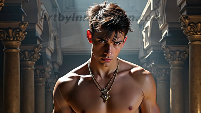 A photograph of a handsome golden male angel. With huge vibrate golden feathered wings, with golden radiant light rays, golden halo lighting, reflecting light in a mesmerizing way. He is stunningly handsome, beautiful, amidst a background of a chaos and destruction.