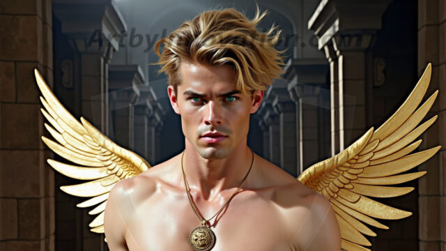 A photograph of a handsome golden male angel. With huge vibrate golden feathered wings, with golden radiant light rays, golden halo lighting, reflecting light in a mesmerizing way. He is stunningly handsome, beautiful, amidst a background of a chaos and destruction.