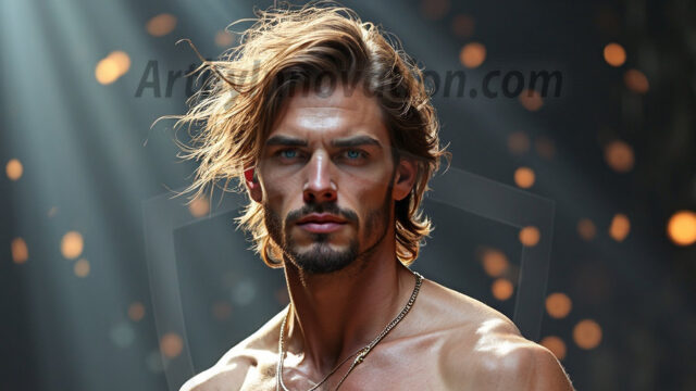 A photograph of a handsome golden male angel. With huge vibrate golden feathered wings, with golden radiant light rays, golden halo lighting, reflecting light in a mesmerizing way. He is stunningly handsome, beautiful, amidst a background of a chaos and destruction.