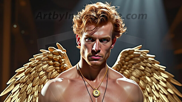 A photograph of a handsome golden male angel. With huge vibrate golden feathered wings, with golden radiant light rays, golden halo lighting, reflecting light in a mesmerizing way. He is stunningly handsome, beautiful, amidst a background of a chaos and destruction.